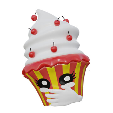 Emoticon Cupcake mit der Hand über den Mund. 3d rendering