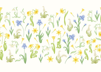 Seamless pattern, background with spring flowers in vintage, retro, art nouveau style. Vector illustration. Isolated on black background.