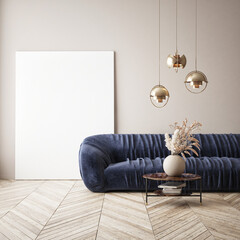 mock up poster frame in modern interior background, living room, Scandinavian style, 3D render, 3D illustration