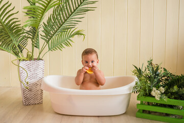 surprised baby sitting in the bath and eating an orange on a wooden background