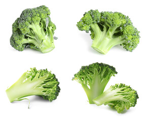 Set of fresh green broccoli on white background