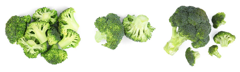 Set of fresh green broccoli on white background, top view. Banner design