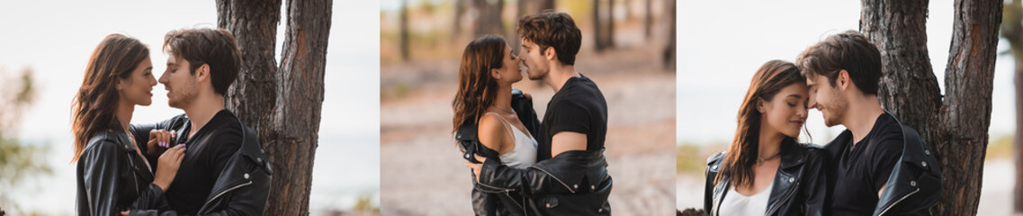 Collage of couple in leather jackets kissing and embracing in forest