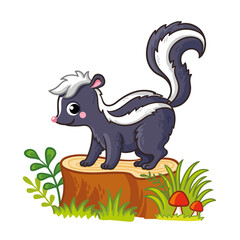 Cute skunk standing on a stump with mushrooms and grass. Vector illustration