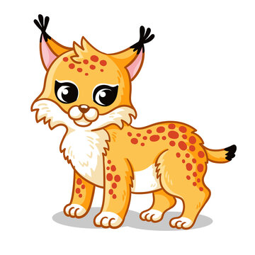Cute lynx on a white background in cartoon childish style. Vector illustration