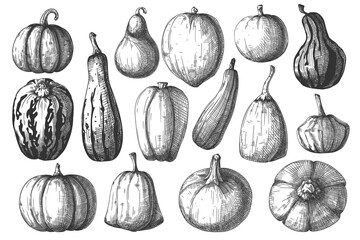 Hand drawn pumpkin set isolated on white background. Vector illustration of a sketch style