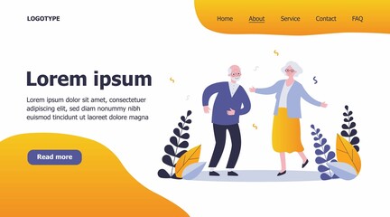 Active funny old couple dancing at party. Grandparents celebrating anniversary. Vector illustration for senior age, retirement, having fun, celebration concept