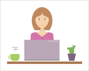 Girl with laptop. Computer work. Flat vector illustration on white background.