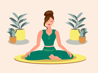 Obraz na płótnie Canvas Young woman practicing yoga meditation on the mat at home. Trendy flat vector illustration.