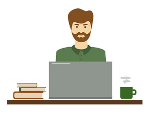 Bearded man with laptop. Computer work. Flat vector illustration on white background.