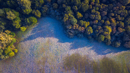 Landscape with frost shadows in the early autumn morning