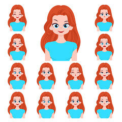 Set of different facial expressions of attractive young woman isolated on white background