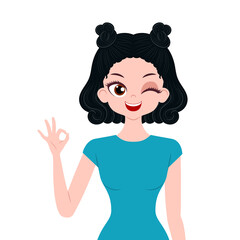 Young woman character gesturing ok sign isolated on white background