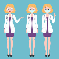 Young lady doctor character in different poses wearing medical mask with stethoscope