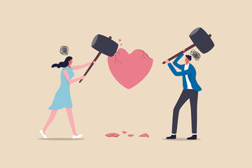 Marriage difficulties problem, divorce or violence or painful in broken relationship couple concept, angry couple husband and wife using big hammer to hit broken heart shape metaphor of family problem