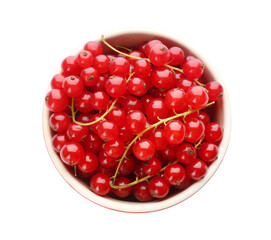 Delicious ripe red currants in bowl isolated on white, top view