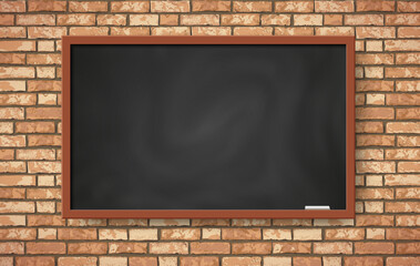 Vector realistic empty black chalkboard on brown brick wall. Flat Trendy classroom with class board scenery interior illustration for web, poster mockup, exposition, school class design background