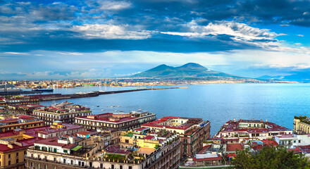 Fototapeta na wymiar Panorama of Naples, view of the port in the Gulf of Naples and Mount Vesuvius. The province of Campania. Italy.
