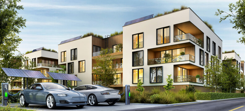 Modern residential buildings and electric cars