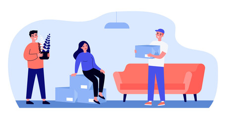 Happy couple moving into new apartment. Stack of boxes, loader, interior flat vector illustration. New home, property buying, relocation concept for banner, website design or landing web page