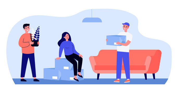 Happy couple moving into new apartment. Stack of boxes, loader, interior flat vector illustration. New home, property buying, relocation concept for banner, website design or landing web page