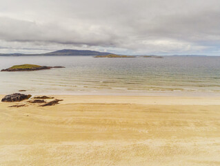 Aerial drone view on Silver strand beach in county Mayo, Ireland. Long sandy beach with beautiful views and peaceful atmosphere.