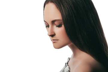 Woman portrait. Feminine beauty. Peaceful brunette lady with closed eyes isolated on white copy space background. Skincare wellness. Tranquility harmony.