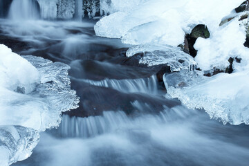 Mountain stream in winter. Ice on the stream.