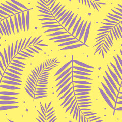 Fototapeta na wymiar Vector seamless pattern with tropical leaves of palm in bright colors on yellow background. For wallpaper, decoration, invitation, fabric, textile and print, web page backdrop, gift and wrapping paper