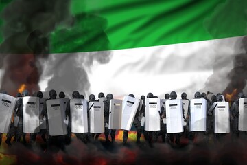 Sierra Leone protest fighting concept, police swat in heavy smoke and fire protecting government against mutiny - military 3D Illustration on flag background