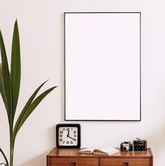 Stylish and retro composition of living room with design wooden retro commode, clock, a lot of plants and elegant accessories. Modern home decor. Template. Mock up poster frame on the wall.