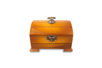 Wooden decorative vintage closed chest. Front view. Isolated on white background.