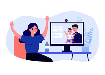 Woman talking to husband and baby through video call. New mom, chat, webcam flat vector illustration. Family, communication concept for banner, website design or landing web page