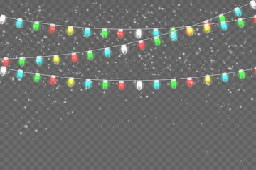 Snowy night with light garlands. Christmas lights isolated on transparent background. Glowing lights for Xmas Holiday cards, banners, posters, web design.