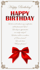 Naklejka na ściany i meble Happy birthday design. Happy birthday near to a greater red bow. Vector illustration EPS10