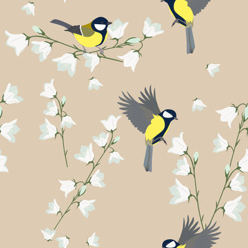 Vector seamless illustration with field bells and titmouse