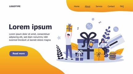 Customers getting gifts and rewards for purchases. Tiny people holding presents, bonus card with tags. Can be used for promotion, sale, discount, loyalty program concept