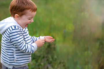 an emotional child and a bug on a Sunny day