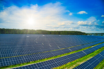 Aerial view of the solar station. Green renewable energy from the sun.