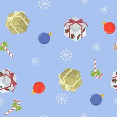 Seamless vector Christmas illustration with gifts, and balls