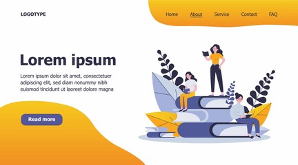 People reading books. Students studying textbook, doing homework. Vector illustration for literature, library, learning at home, education, knowledge concept