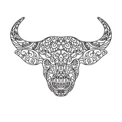 Bull head. Linear ornamental hand drawing for coloring. Vector icon isolated on white background.