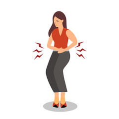 Woman feel pain in stomach concept vector illustration on white background. Diarrhea or constipation. Abdomen disease and illness. Period pain in flat design.