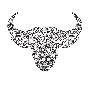 Bull head. Linear ornamental hand drawing for coloring. Vector icon isolated on white background.