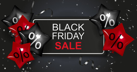 Black Friday sale discount banner  with star ballons.