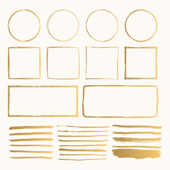 Set of golden hand drawn doodle pencil scribbles and frames. Handmade texture. Glitter shapes with rough edges. Vector isolated illustration. - 382360729