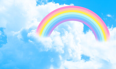 Cotton candy sky blue background illustration, rainbow in the clouds.