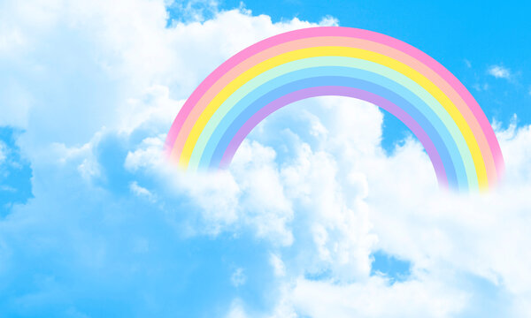 Cotton candy sky blue background illustration, rainbow in the clouds.
