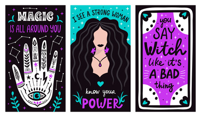Magic mystical witch lettering posters with witchcraft hand drawn arms, moon, stars, and tarot cards