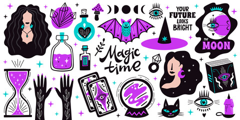 Magical doodle witch illustration icons set. Magic and witchcraft, witch esoteric alchemy elements